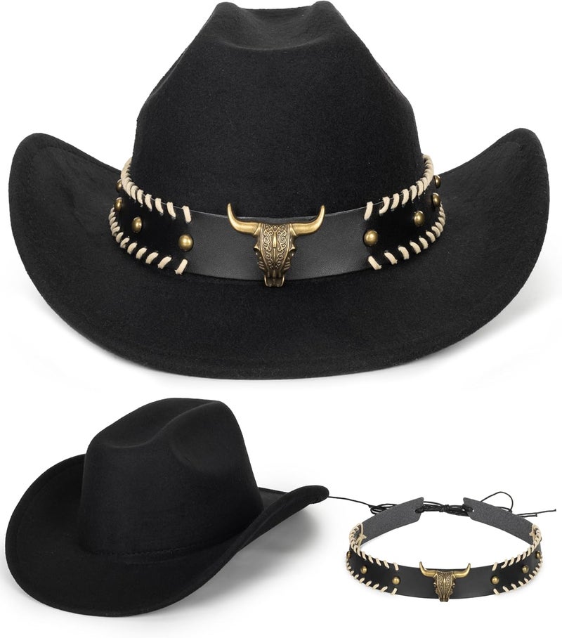 Eohak Womens Western Cowboy Hats Studded Pinched Western Cowgirl Hats Wide Brim Fedoras Hat with Belt Buckle (Size:Medium) - Image 5